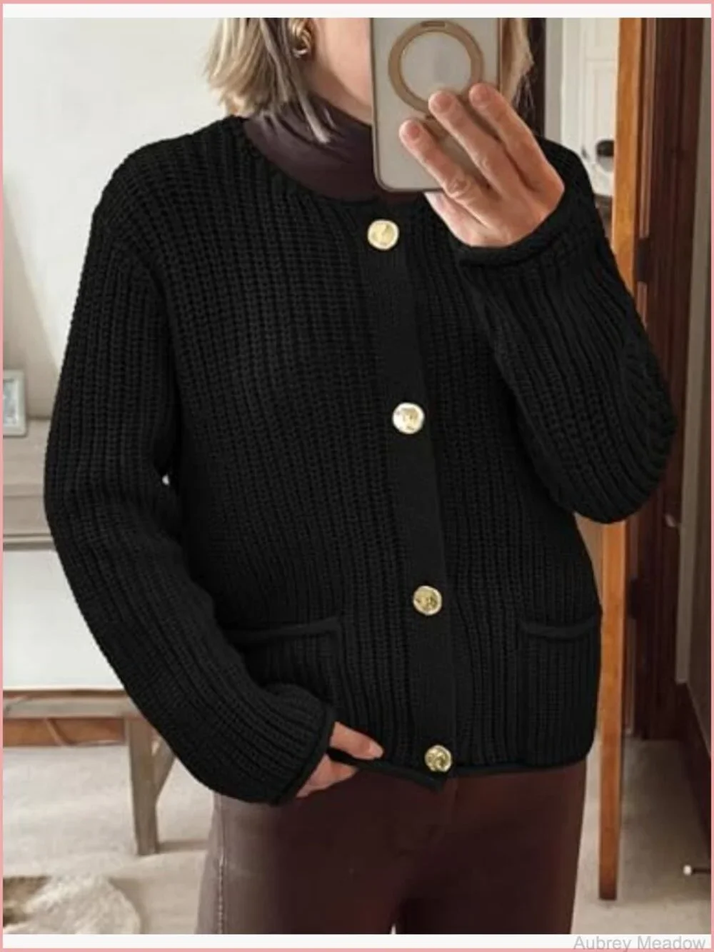 Oversized Chunky Knit Cardigan with Pockets Crewneck Button Up - Picture 4 of 7